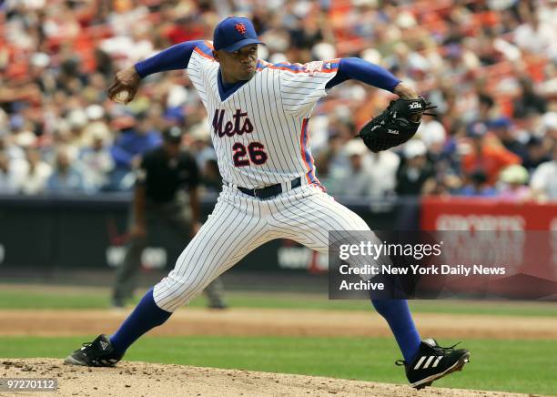 New York Mets' starting pitcher Orlando Hernandez throws home in the third inning of a game against the Colorado Rockies at Shea Stadium. The Mets,...