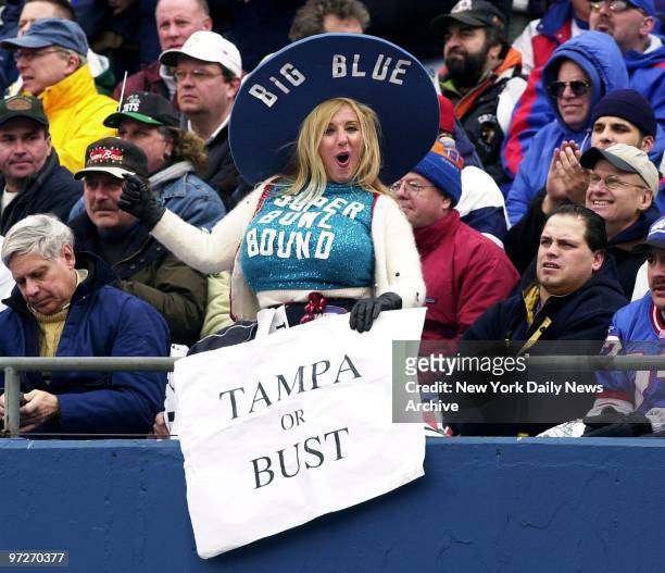It's "Tampa Or Bust" for Miss Big Blue Sondra Fortunato as she roots for her team during the NFC Championship Game between the New York Giants and...