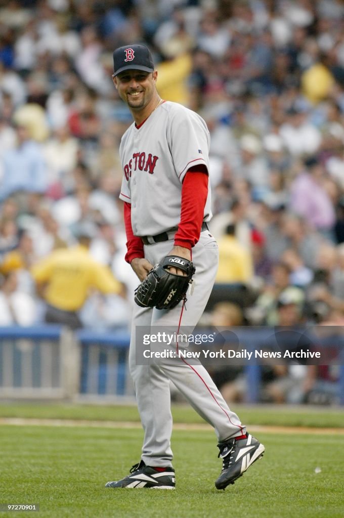 Boston Red Sox' starter Tim Wakefield has a laugh as he take