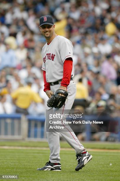 Boston Red Sox' starter Tim Wakefield has a laugh as he takes the mound to face the New York Yankees at Yankee Stadium. Wakefield pitched 6 1/3...