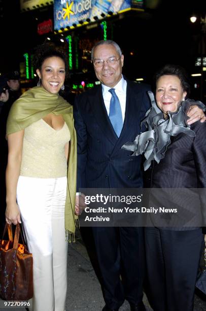 Linda Powell is joined by her father, Colin, and mother, Alma, as they arrive at the Blue Fin restaurant for the opening night party for the Broadway...