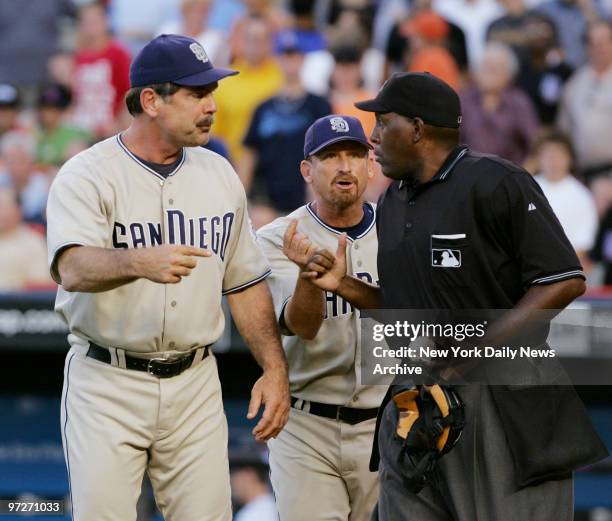 San Diego Padres' manager Bruce Bochy argues with home plate umpire Chuck Meriwether during a game against the New York Mets at Shea Stadium. The...