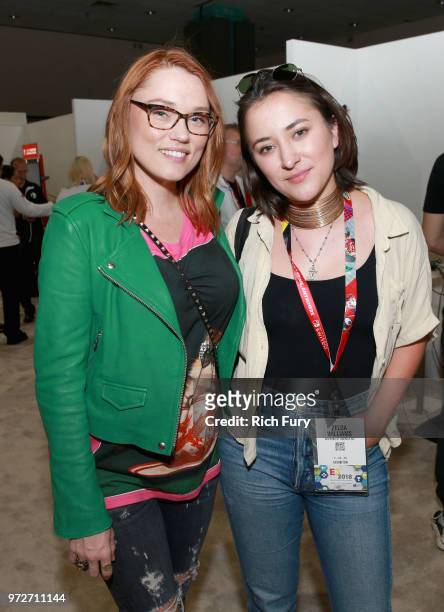 Clare Grant and Zelda Williams visit the Nintendo booth during the 2018 E3 Gaming Convention at Los Angeles Convention Center on June 12, 2018 in Los...