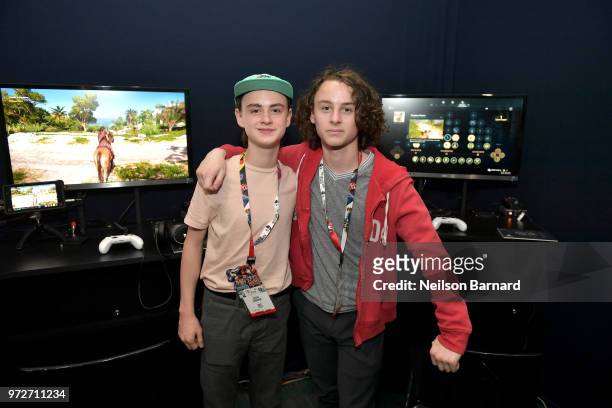 Jaeden Lieberher and Wyatt Oleff playing Assassin's Creed Odyssey during E3 2018 at Los Angeles Convention Center on June 12, 2018 in Los Angeles,...
