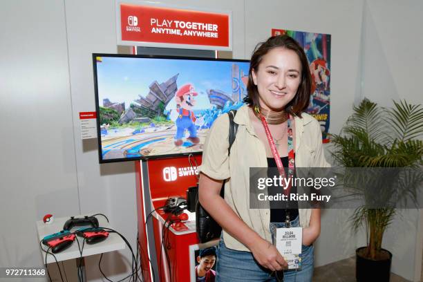 Zelda Williams gets a look at the Super Smash Bros. Game on the Nintendo Switch system during the 2018 E3 Gaming Convention at Los Angeles Convention...