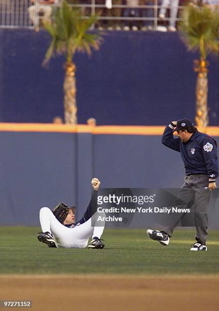 San Diego Padres' Steve Finley robs New York Yankees' Chuck Knoblauch of a hit in the first inning during game three of the World Series against the...