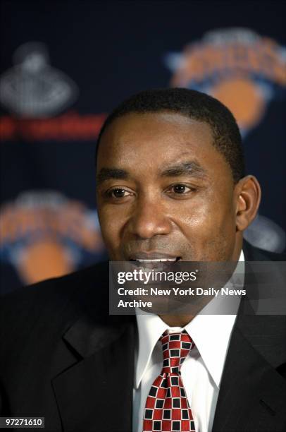 Isiah Thomas, the New York Knicks' president of basketball operations, speaks during a news conference at Madison Square Garden prior to a game...