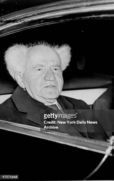 Israel Prime Minister David Ben-Gurion leaves International Airport on arrival and will have talks with President Kennedy on Mideast problems.