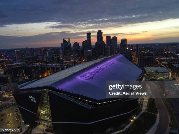 us bank stadium and minneapolis skyline - color surge vibrant color hd stock pictures, royalty-free photos & images