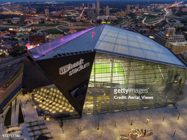 us bank stadium - aerial view at night - color surge vibrant color hd stock pictures, royalty-free photos & images