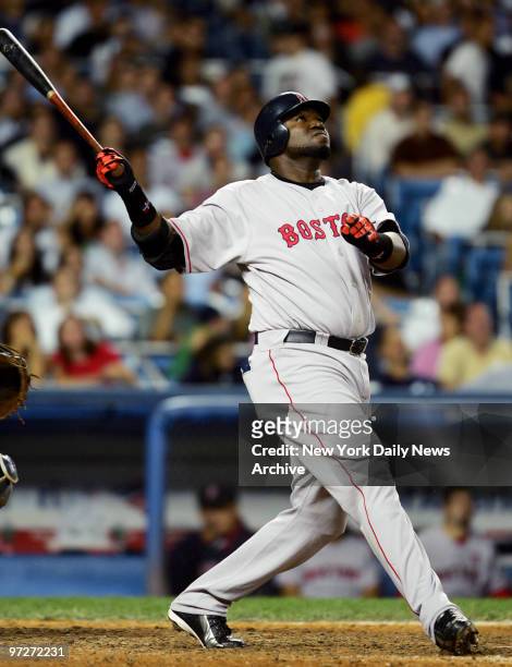 Boston Red Sox's outfielder David Ortiz flies out to right field in the ninth inning of game against the New York Yankees at Yankee Stadium. The...
