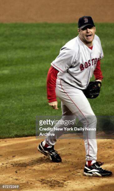 Boston Red Sox's pitcher Curt Schilling reacts during Game 6 of the American League Championship Series against the New York Yankees at Yankee...