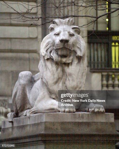 Lions in front of the New York Public Library building 5th Ave, and 42nd St. Showing Lion.