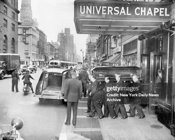 The casket bearing the remains of Babe Ruth is borne from Universal Funeral Chapel at 52d St. And Lexington Ave., to hearse. The body was taken to...