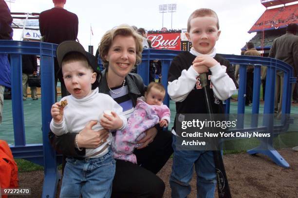 Lisa Beamer arrives at Shea Stadium with sons Drew and David and 2-month-old daughter Morgan for the New York Mets' season opener against the...