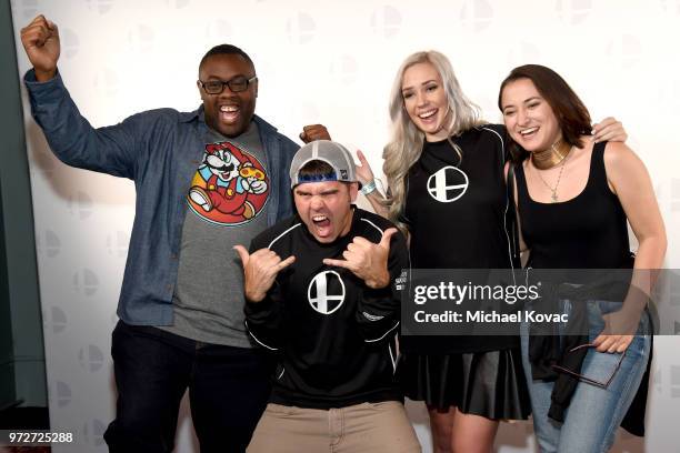 Andre Meadows, Devinsupertramp, Alanah Pearce and Zelda Williams attend Nintendo's 2018 Super Smash Bros. Invitational at Belasco Theatre on June 12,...