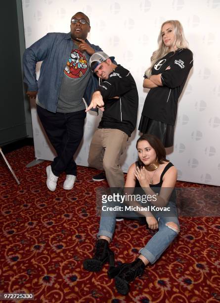 Andre Meadows, Devinsupertramp, Alanah Pearce and Zelda Williams attend Nintendo's 2018 Super Smash Bros. Invitational at Belasco Theatre on June 12,...