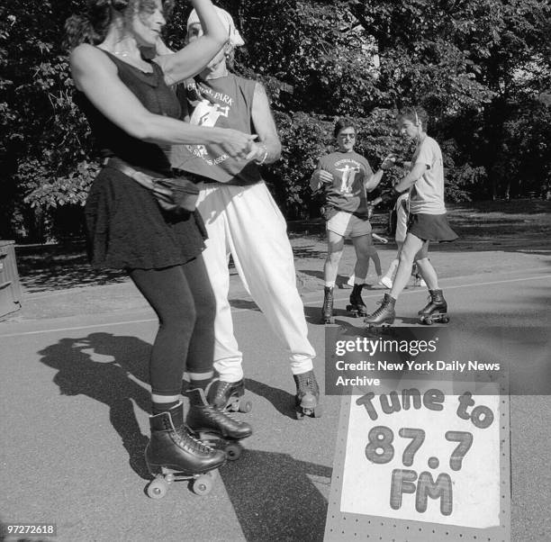 The Central Park Dance Skaters Association provides dance music via radio transmitter at a radius of about 300 ft. Skaters with Walkmans can listen...