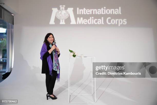 President & CEO, International Medical Corps Nancy Aossey speaks during the International Medical Corps summer cocktail event hosted by Sienna Miller...