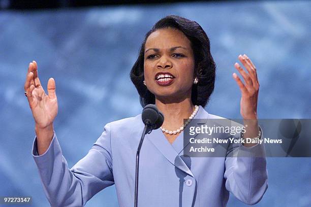 American professor and political scientist Condoleezza Rice, here serving as George W Bush's foreign policy advisor, speakers during the second night...