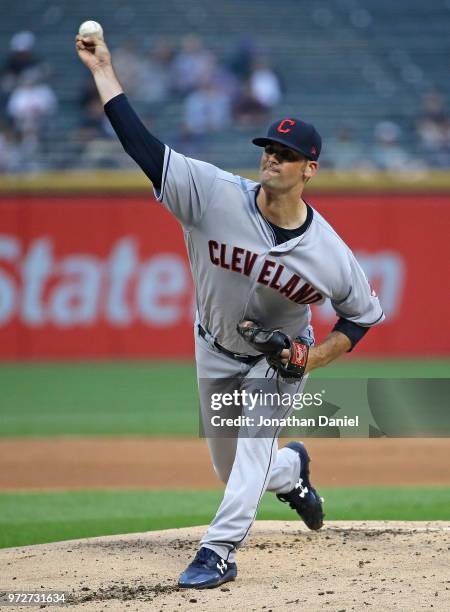 Starting pitcher Adam Plutko of the Cleveland Indians delivers the ball against the Chicago White Sox at Guaranteed Rate Field on June 12, 2018 in...