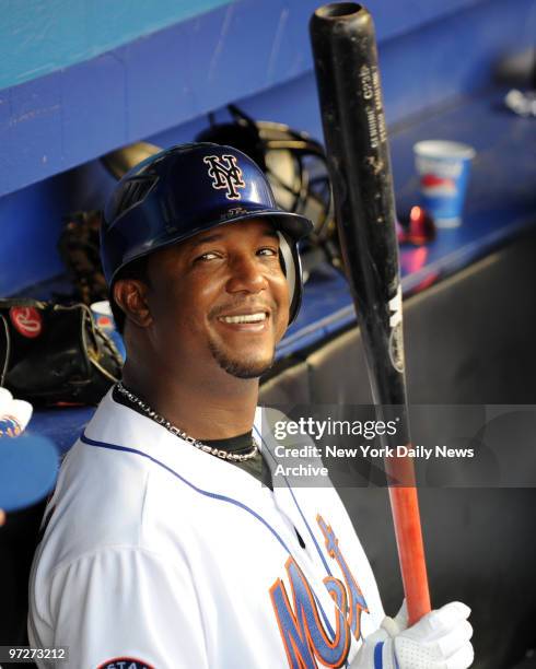 New York Mets vs. Texas Rangers at Shea Stadium. GAME 2. 6th inning, New York Mets starting pitcher Pedro Martinez in dugout after he was pulled at...