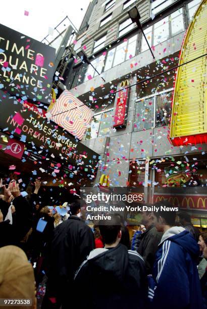 Confetti flutters down on pedestrians at 46th St. And Broadway as the Times Square Alliance does their annual confetti flight test in preparation for...