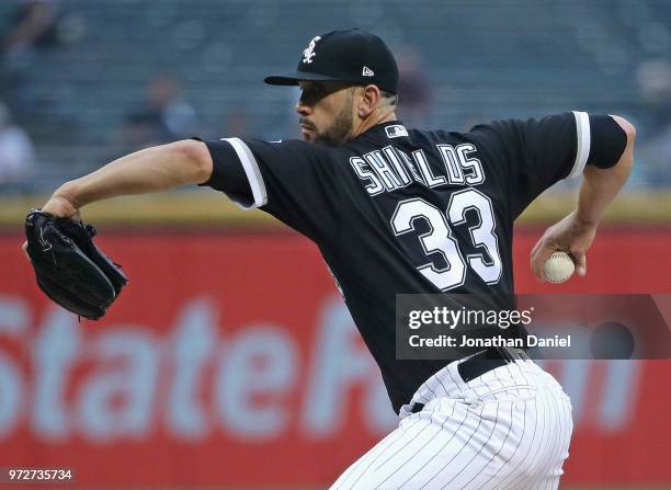 Starting pitcher James Shields of the Chicago White Sox delivers the ball against the Cleveland Indians at Guaranteed Rate Field on June 12, 2018 in...