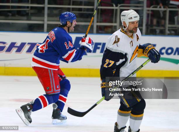 New York Rangers' Brendan Shanahan celebrates after scoring in the third period of an Eastern Conference semifinal playoff series against the Buffalo...