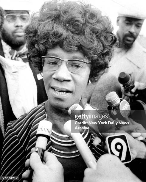 Congresswoman Shirley Chisholm speaking to members of the press at the ground breaking ceremonies for the CABS Nursing Home at Nostrand and DeKalb...