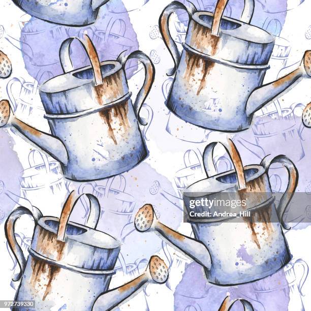 watering can watercolor and ink drawing in seamless pattern - green finger print stock illustrations
