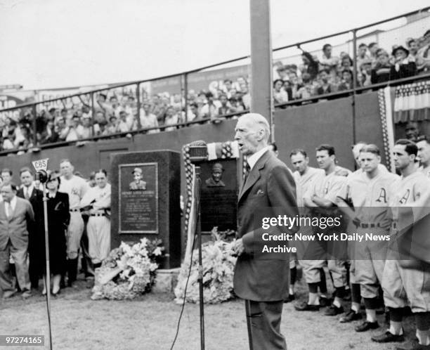 Connie Mack, manager of the Philadelphia Athletics, speaks at dedication ceremony for Lou Gehrig as a plaque was unveiled in Yankee Stadium. Also...
