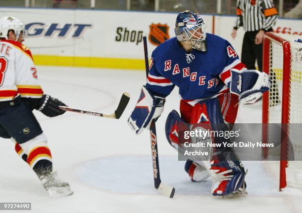 New York Rangers' goalie Jussi Markkanen deflects a shot made by Florida Panthers' Donald Audette during game action at Madison Square Garden. The...