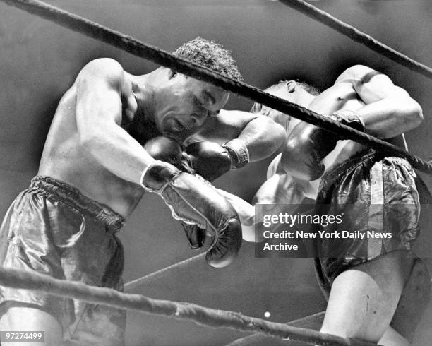 Boxers Fritzie Zivic and Henry Armstrong fight during eighth round at Madison Square Garden.