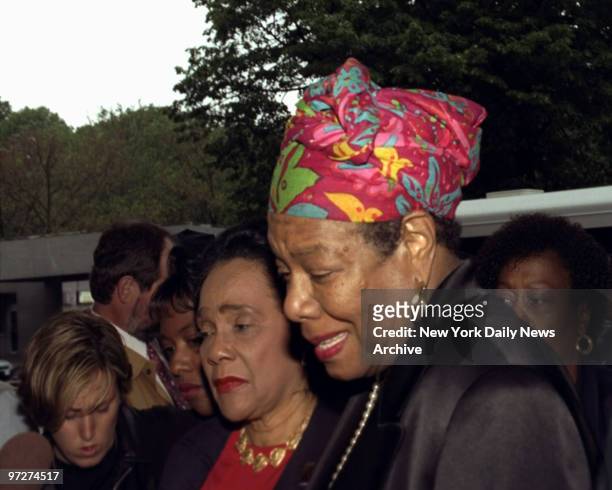 Mrs. Coretta Scott King and Maya Angelou outside Jacobi Hospital where burn victim Betty Shabazz is near death.