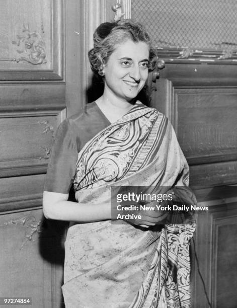 Mrs. Indira Gandhi, daughter of ex-Prime Minister Nehru, at India House for India Relief Fund press conference.