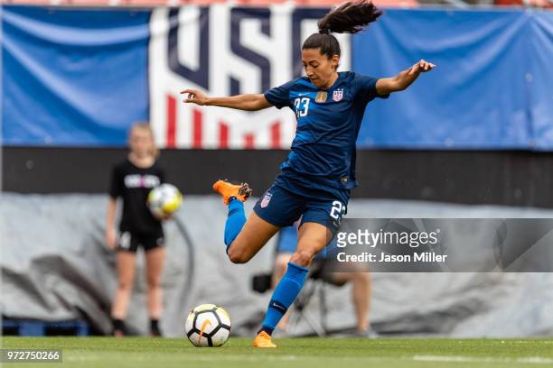 Christen Press of the United States passes during the first half against China at FirstEnergy Stadium on June 12, 2018 in Cleveland, Ohio.