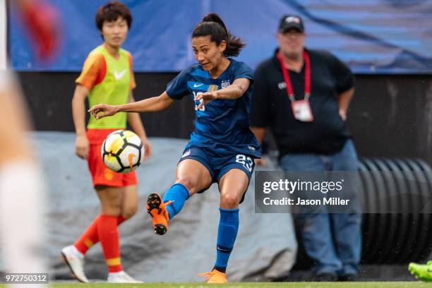 Christen Press of the United States sets up Megan Rapinoe for a goal during the first half against China at FirstEnergy Stadium on June 12, 2018 in...