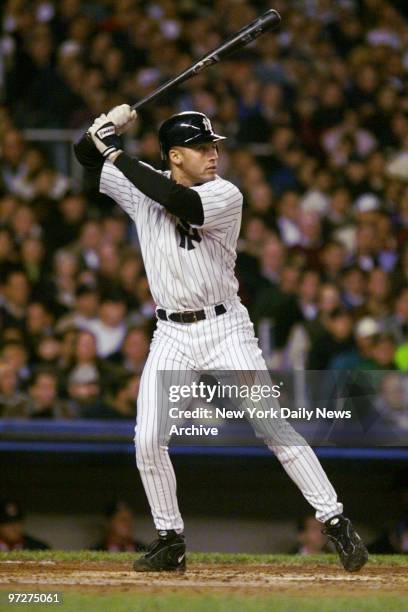 New York Yankees' Derek Jeter at bat in first inning of the first game of the American League Championship Series against the Cleveland Indians....