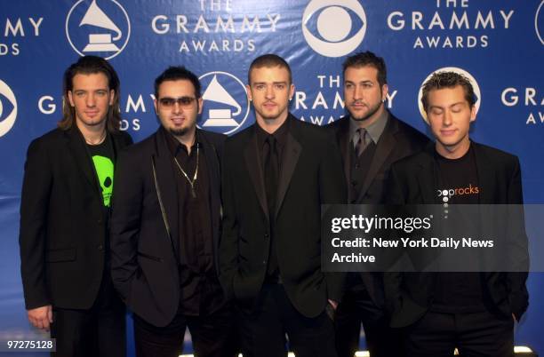 Chasez, Chris Kirkpatrick, Justin Timberlake, Joey Fatone and Lance Bass of 'NSync arrive at Madison Square Garden for the 45th Annual Grammy Awards.