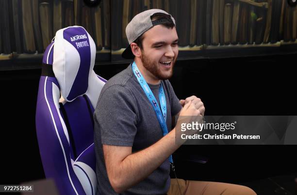 Gamer 'NoahJ456' reacts to his round one victory during the Epic Games Fortnite E3 Tournament at the Banc of California Stadium on June 12, 2018 in...