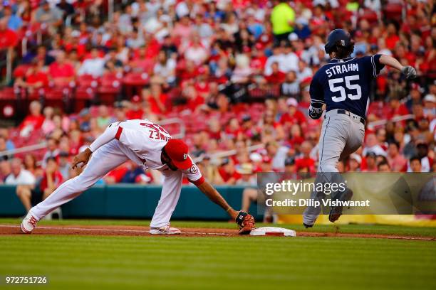 Jose Martinez of the St. Louis Cardinals tags first base for an out against Matt Strahm of the San Diego Padres in the third inning at Busch Stadium...