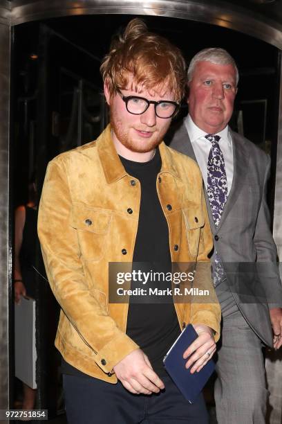 Ed Sheeran leaving Claridges Hotel on June 12, 2018 in London, England.