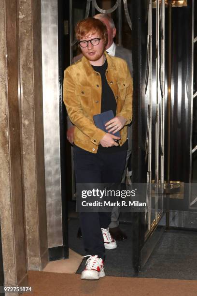 Ed Sheeran leaving Claridges Hotel on June 12, 2018 in London, England.