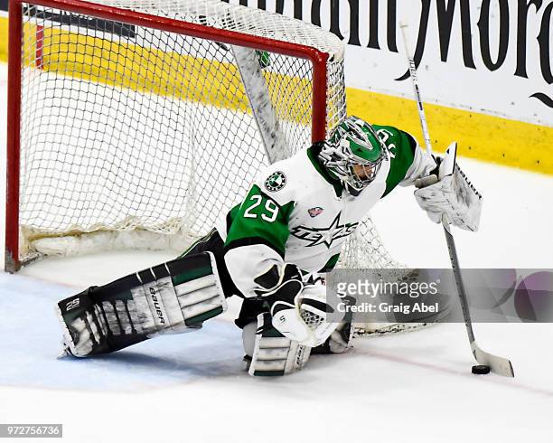 Mike McKenna of the Texas Stars stops a shot against the Toronto Marlies during game 6 of the AHL Calder Cup Final on June 12, 2018 at Ricoh Coliseum...