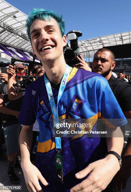 Gamer 'Ninja' arrives to the Epic Games Fortnite E3 Tournament at the Banc of California Stadium on June 12, 2018 in Los Angeles, California.
