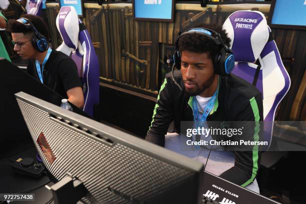 Athlete Paul George competes in the Epic Games Fortnite E3 Tournament at the Banc of California Stadium on June 12, 2018 in Los Angeles, California.