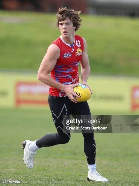 Liam Picken of the Bulldogs runs with the ball during a Western Bulldogs AFL training session at Whitten Oval on June 13, 2018 in Melbourne,...