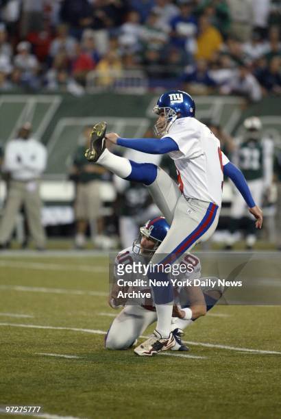 Brett Conway kicks a game-winning 29-yard field goal for the New York Giants with four seconds to go in overtime against the New York Jets at Giants...