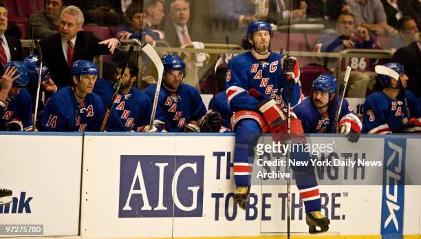 New York Rangers' Jaromir Jagr sits with dejected teammates in the closing moments of game 1 of the Eastern Conference semifinals against the...